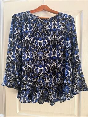 Charter Club Blue and Black Floral-Patterned Ruffle Hem Blouse